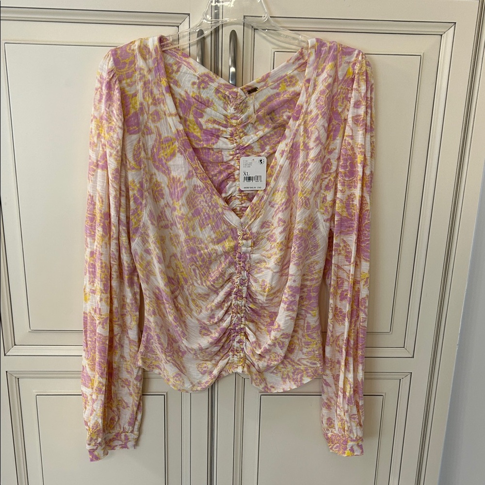Free People Pink, Yellow & Cream Floral Ruched V-Neck Blouse